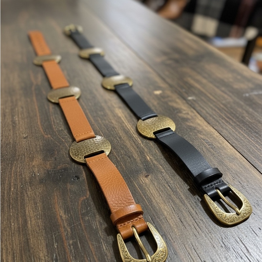 Michael Kors Black and Tan Leather Belt Set with Gold Buckles